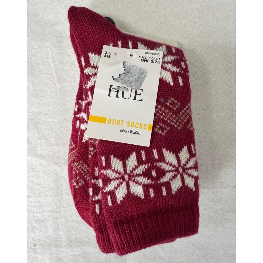 HUE Womens 2 Pack Nordic Snowflake Boot Socks Red White Heavy Weight new - Picture 2 of 4